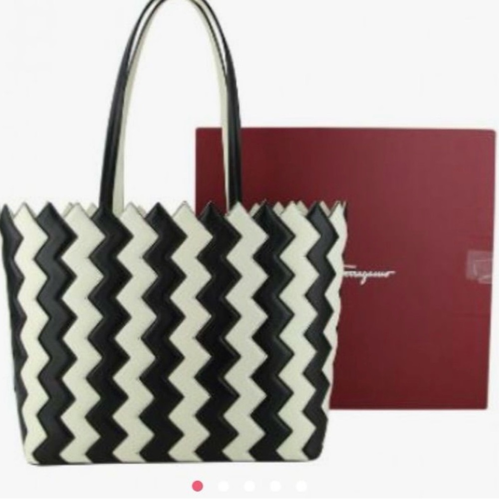 Salvatore Ferragamo Black and White Chevron Tote